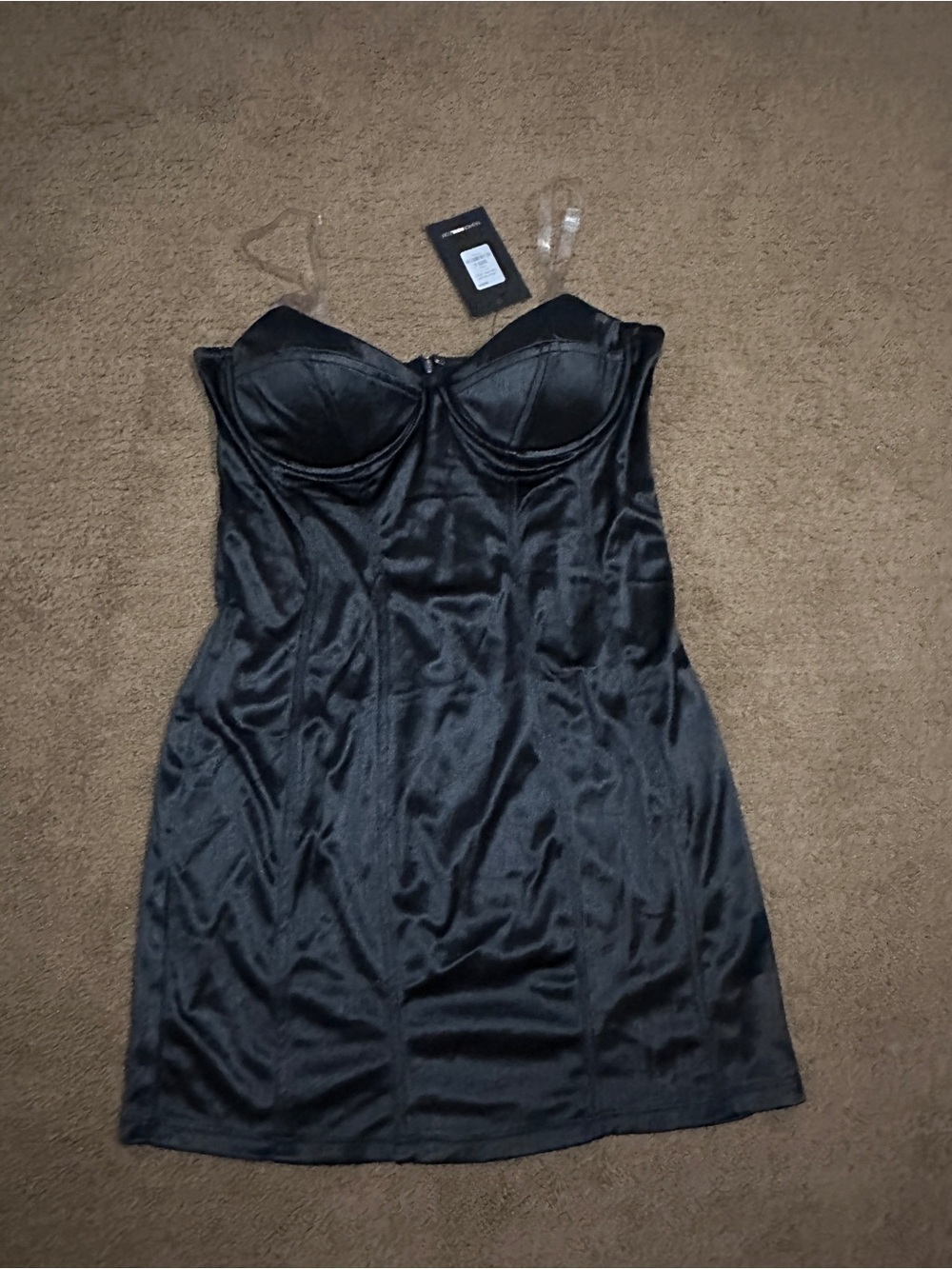 Fashion Nova Black Satin Mini Bodycon Dress Sheer Straps Underwire Size L